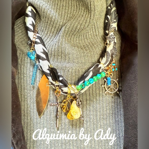 Black and white bandanna citrine turquoise charms necklace fall vibes colorful - Picture 2 of 5